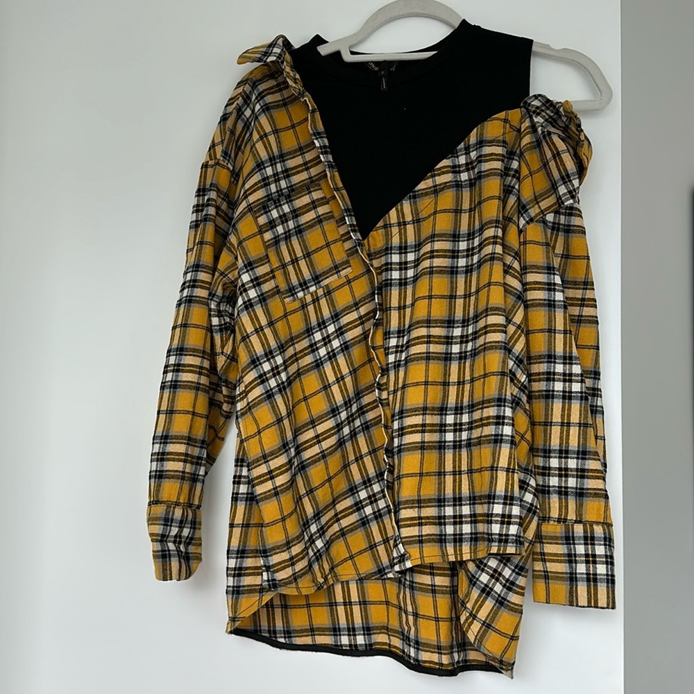 Maje Asymmetrical Plaid and Black Cutout Shirt Yellow Black White